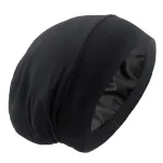 Silky Satin Lined Bonnet Sleep Cap - Adjustable Stay on All Night Hair Wrap Cover Slouchy Beanie for Curly Protection Women and Men Solid Black