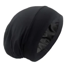 Silky Satin Lined Bonnet Sleep Cap - Adjustable Stay on All Night Hair Wrap Cover Slouchy Beanie for Curly Protection Women and Men Solid Black