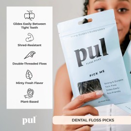 PUL Dental Floss Picks - Mint Teeth Flossers for Deep Cleaning, Removing Food Particles & Plaque - Shred-Resistant Nylon Floss, Plant-Based Handle, Fluoride Free - for Adults & Kids (50 Count)