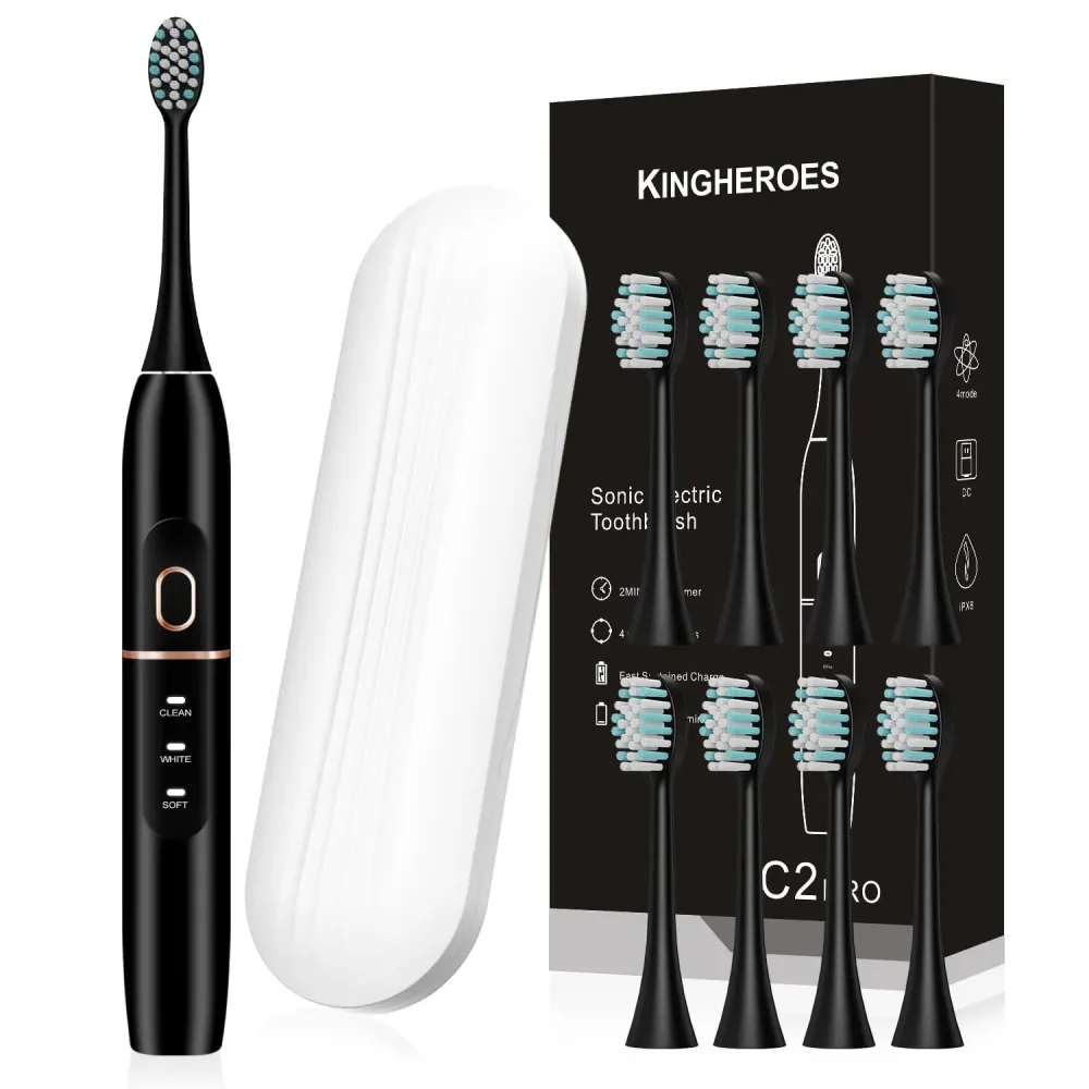 kingheroes Electric Toothbrush Set, Comes with 8 Brush Heads & Travel Case,4 Modes with 2 Minutes Built in Smart Timer, One Charge for 60 Days, 42000 VPM Motor (Black) kingheroes Electric Toothbrush Set, Comes with 8 Brush Heads & Travel Case,4 Modes with 2 Minutes Built in Smart Timer, One Charge for 60 Days, 42000 VPM Motor (Black)