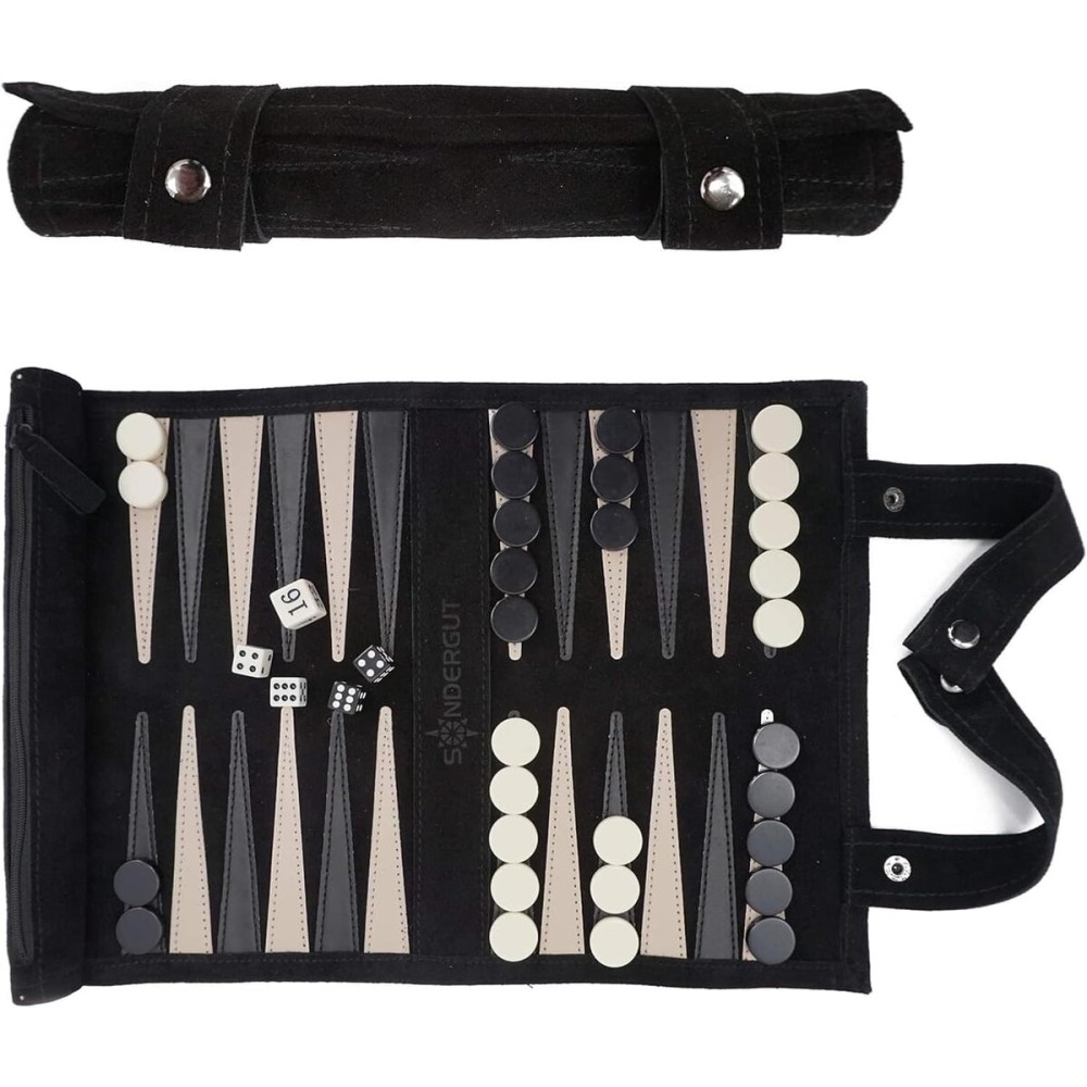 Sondergut Roll-up Portable Suede Backgammon Game Set - for Adults & Children - Ideal for RV Travel, Cruise, Airplane, Camping, Backpacking, Road Trips, Etc. Multiple Colors (Black) Sondergut Roll-up Portable Suede Backgammon Game Set - for Adults & Children - Ideal for RV Travel, Cruise, Airplane, Camping, Backpacking, Road Trips, Etc. Multiple Colors (Black)