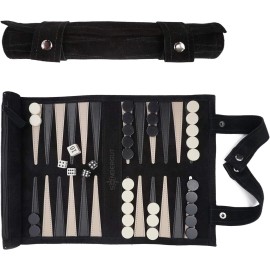 Sondergut Roll-up Portable Suede Backgammon Game Set - for Adults & Children - Ideal for RV Travel, Cruise, Airplane, Camping, Backpacking, Road Trips, Etc. Multiple Colors (Black)