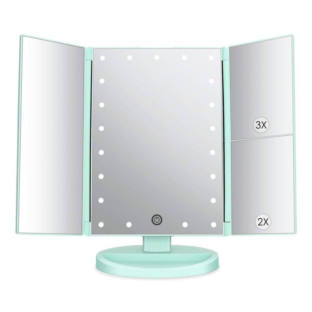deweisn Tri-Fold Lighted Vanity Mirror with 21 LED Lights, Touch Screen and 3X/2X/1X Magnification, Two Power Supply Mode Make up Mirror,Travel Mirror (Green)