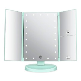 deweisn Tri-Fold Lighted Vanity Mirror with 21 LED Lights, Touch Screen and 3X/2X/1X Magnification, Two Power Supply Mode Make up Mirror,Travel Mirror (Green)