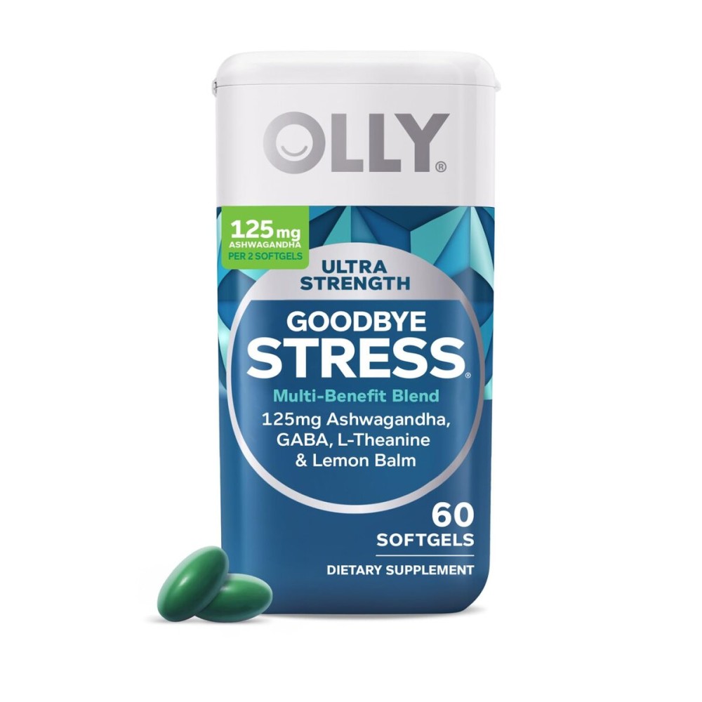 OLLY Ultra Strength Goodbye Stress Softgels, GABA, Ashwagandha, L-Theanine and Lemon Balm, Stress Relief Supplement - 60 Count OLLY Ultra Strength Goodbye Stress Softgels, GABA, Ashwagandha, L-Theanine and Lemon Balm, Stress Relief Supplement - 60 Count