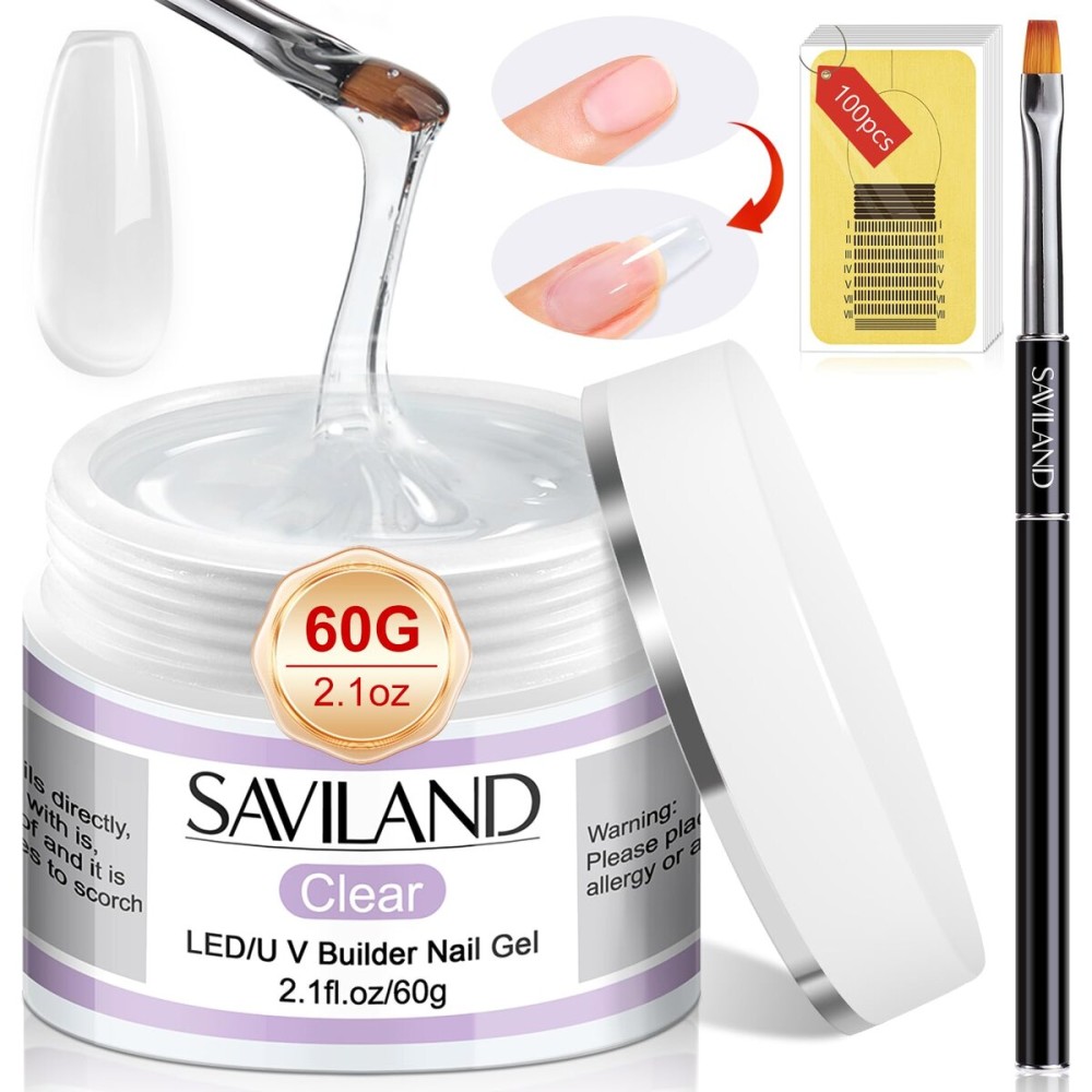 SAVILAND Builder Nail Gel Kit - 60g Clear Nail Extension Gel Set Nail Strengthen Nail Art Manicure Set with 100PCS Nail Forms and Acrylic Nail Brush for Beginners SAVILAND Builder Nail Gel Kit - 60g Clear Nail Extension Gel Set Nail Strengthen Nail Art Manicure Set with 100PCS Nail Forms and Acrylic Nail Brush for Beginners