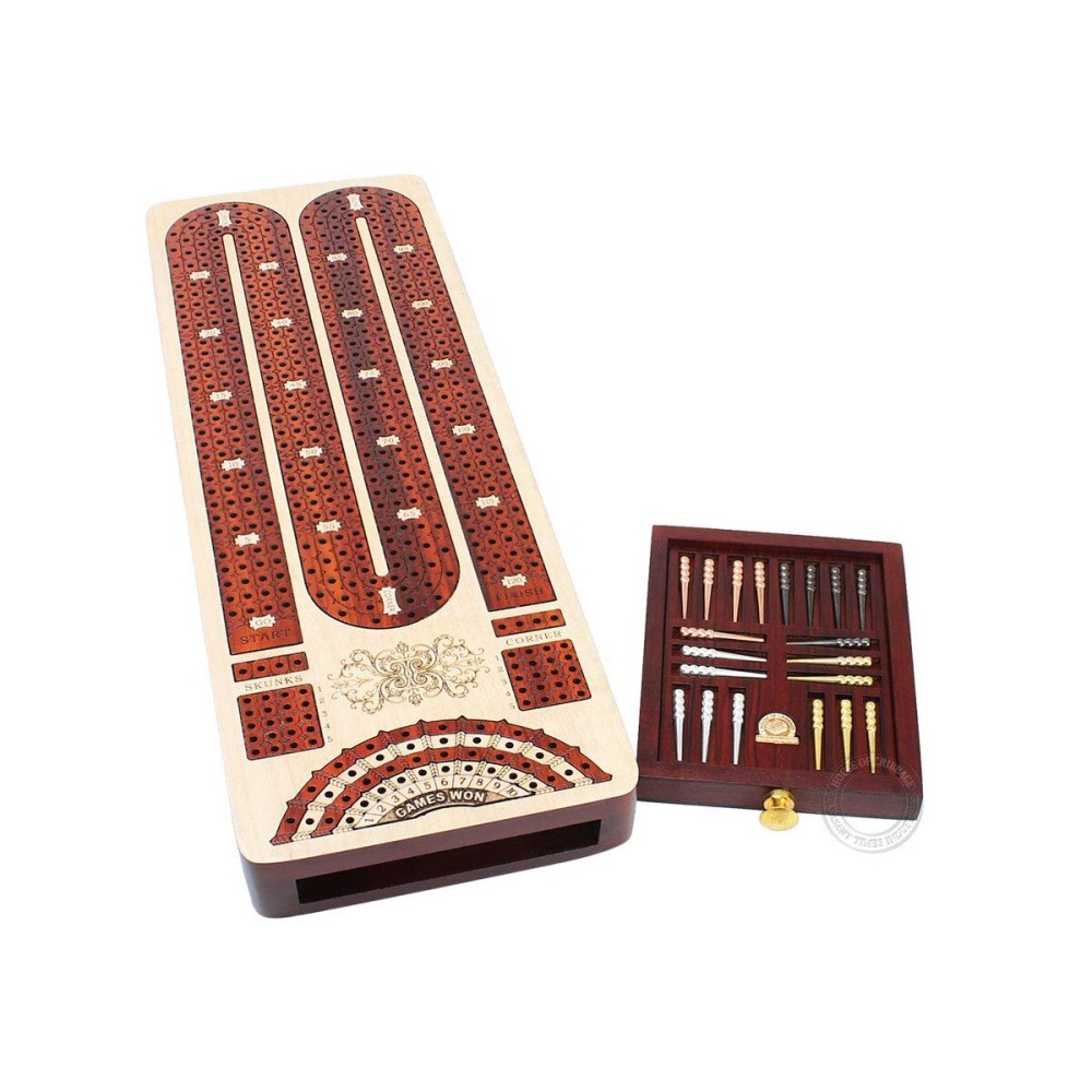 House of Cribbage - 4 Track Continuous Cribbage Board Inlaid in Bloodwood - Size: 13.5 Inches - Storage Drawer for Cribbage Pegs and Score Marking Fields for Skunks, Corners and Won Games House of Cribbage - 4 Track Continuous Cribbage Board Inlaid in Bloodwood - Size: 13.5 Inches - Storage Drawer for Cribbage Pegs and Score Marking Fields for Skunks, Corners and Won Games