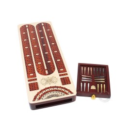 House of Cribbage - 4 Track Continuous Cribbage Board Inlaid in Bloodwood - Size: 13.5 Inches - Storage Drawer for Cribbage Pegs and Score Marking Fields for Skunks, Corners and Won Games