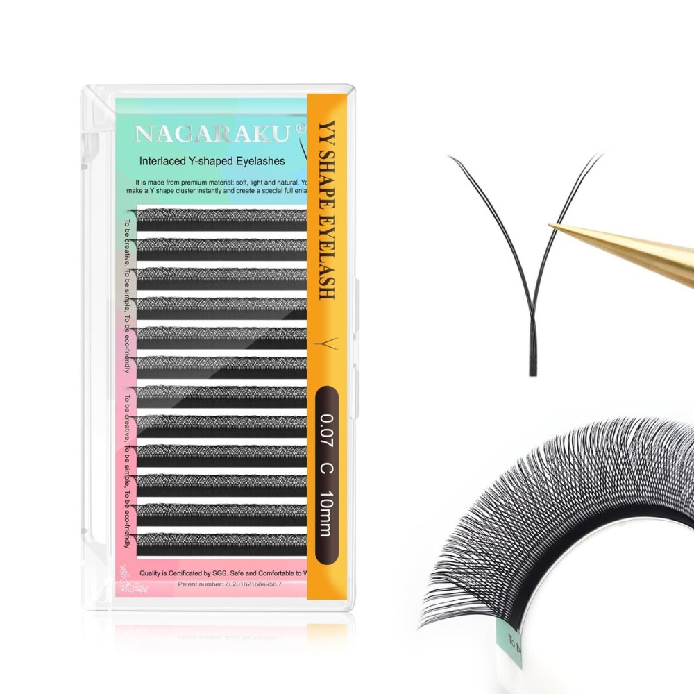 NAGARAKU YY Eyelash Extensions Supplies Y lash Premade Fans 4D Russian Volume Y Shape Faux Mink Matte 12 rows Cluster pre Fanned Wispies Crisscross Eye Lashes(0.07mm C curl 10mm)