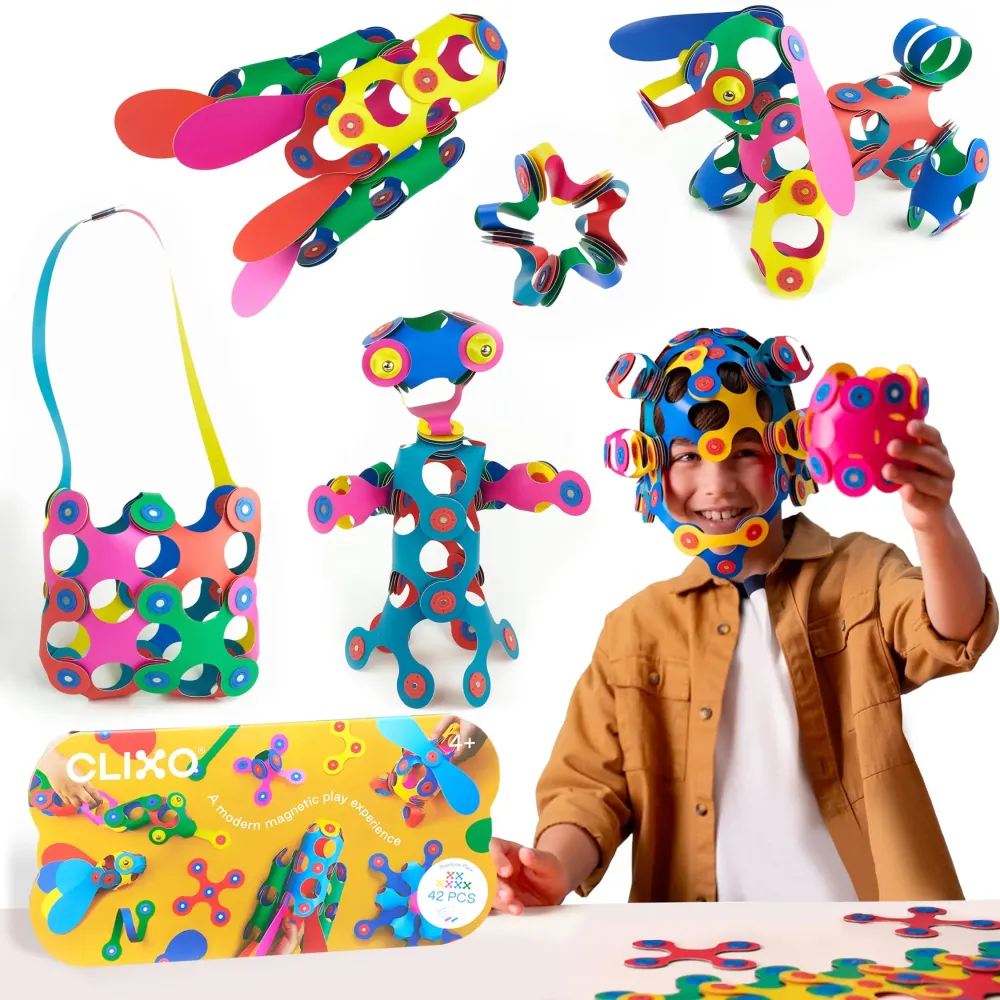Clixo Rainbow 42 Piece Pack. Flexible Imagination Boosting Magnetic Building Toy. Modular Designs for Hours of STEM Play. Kids Basket Stuffer Gift. Multi-Sensory Magnet Toy, Travel Friendly. Ages 4-99