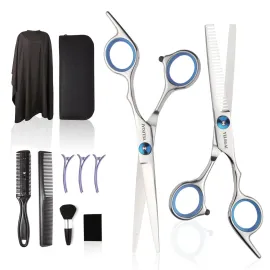 Haircut Scissors Kit, 11 Pcs Professional Set - Haircut, Thinning Scissors, Neck Duster Brush, Comb, Barber Cape, Hair Clips, Hairdressing Shears for Barber and Home