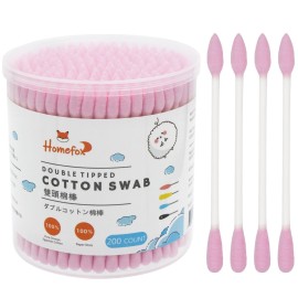 HOMEFOX Pink Cotton Swabs Precision Pointed - 200 Count Pointy Organic Cotton Buds Double Side Tightly Wrapped Cotton Tips Paper Stick Soft Gentle Lint-Free Cruelty-Free, Pointy & Round (Pink)