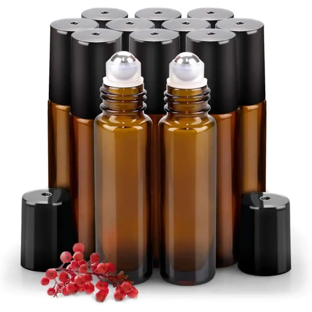 sungwoo 12 Pack Essential Oil Roller Bottles Stainless Steel, 10ml Amber Glass Roller Bottles with Caps for Travel, Perfume and Lip Gloss