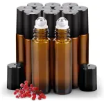 sungwoo 12 Pack Essential Oil Roller Bottles Stainless Steel, 10ml Amber Glass Roller Bottles with Caps for Travel, Perfume and Lip Gloss