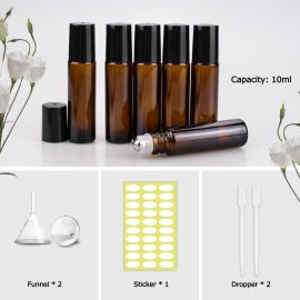 sungwoo 12 Pack Essential Oil Roller Bottles Stainless Steel, 10ml Amber Glass Roller Bottles with Caps for Travel, Perfume and Lip Gloss