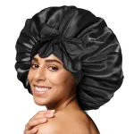 BONNET QUEEN Silk Bonnet for Sleeping Satin Bonnet Hair Bonnets Large Bonnets Hair Wrap Sleep Cap with Tie Band for Women Curly Hair Braids Locs Black