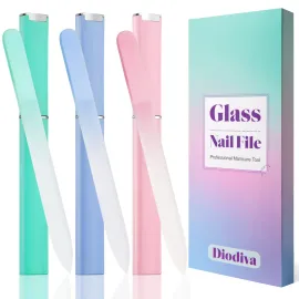 Glass Nail File 3 Pack for Natural Nails, Crystal Fingernail Files with Case Etched Nail Filer Professional Nail File Glass Lima de uas, Unique Christmas Gifts Stocking Stuffers for Women Adults