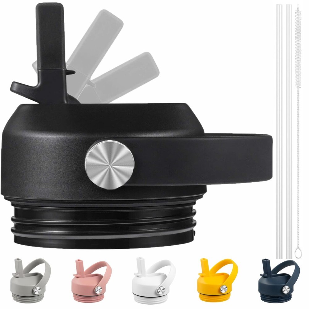 Straw Lid for Yeti Rambler 26 36 46 64 oz Bottles, Cap with Straws and Flex Handle, BPA Free Replacement Screw Top for Yeti Kids Jr 12 18 Ounce Cup, Leak-proof Water Bottle Accessories, , Black