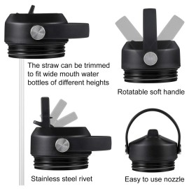 Straw Lid for Yeti Rambler 26 36 46 64 oz Bottles, Cap with Straws and Flex Handle, BPA Free Replacement Screw Top for Yeti Kids Jr 12 18 Ounce Cup, Leak-proof Water Bottle Accessories, , Black