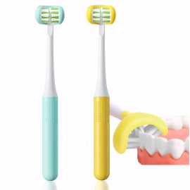 FOREVIVE 2 Pieces 3 Sided Toddler Toothbrush, Three Bristles for Kids Toothbrush, Autism Soft Bristles,Soft and Gentle for Complete Tooth and Gum Care(C1Blue+Yellow Kids)