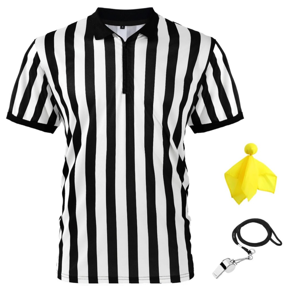 Syhood Men\'s Referee Shirt Stripe Umpire Jersey, Penalty Flag and Whistle for Football Soccer Sports and Halloween Cosplay(Large) Syhood Men\'s Referee Shirt Stripe Umpire Jersey, Penalty Flag and Whistle for Football Soccer Sports and Halloween Cosplay(Large)