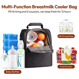 NCVI Breastmilk Cooler Bag with 2 Ice Pack, Breast Pump Bag with Cooler Fits 6 Bottles, Double Layer Breast Milk Cooler Travel Bag Baby Bottle, for Travel, Nursing Mom Daycare, Work, Picnic (Black)