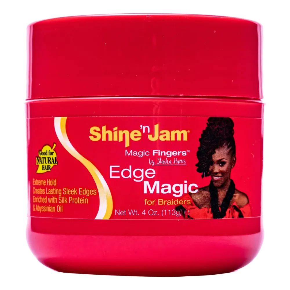 AmPro Shine-n-Jam Magic Fingers Edge Control - Provides Firm Hold with Non-Greasy Shine - Strengthens Hair with Silk Proteins and Softens with Abyssinian Oil - Excellent for Taming Fringe - 4 oz AmPro Shine-n-Jam Magic Fingers Edge Control - Provides Firm Hold with Non-Greasy Shine - Strengthens Hair with Silk Proteins and Softens with Abyssinian Oil - Excellent for Taming Fringe - 4 oz