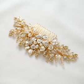 SWEETV Handmade Wedding Hair Comb Clip Rhinestone Bridal Hair Comb Piece, Gold Hair Accessories for Brides Wedding