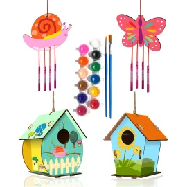 HOME COMPOSER 4 Pack DIY Bird House Wind Chime Kits for Children to Build and Paint, Wooden Arts and Crafts for Kids Girls Boys Toddlers Ages 8-12 4-6 6-8