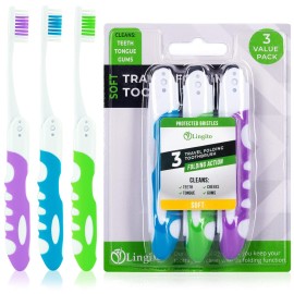 Lingito Folding Toothbrush, Built-in Cover, Travel Size for Hiking, Camping, Traveling - 3 Pack Soft-Multicolor