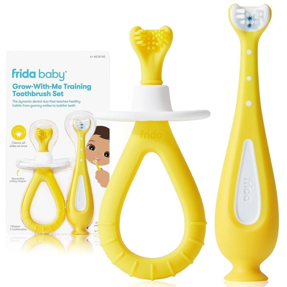 Frida Baby Grow-with-Me Baby Toothbrush Training Set | Infant to Toddler Toothbrush 0-12 months, Cleans All Sides at Once, Oral Care for Sensitive Gums | Yellow Frida Baby Grow-with-Me Baby Toothbrush Training Set | Infant to Toddler Toothbrush 0-12 months, Cleans All Sides at Once, Oral Care for Sensitive Gums | Yellow