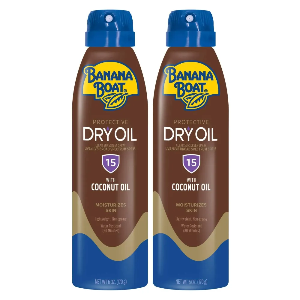 Banana Boat Dry Oil Tanning Spray Sunscreen SPF 15, 6oz | Protective Sun Tanning Oil with SPF 15 Sunscreen, Oxybenzone-Free, 6oz each Twin Pack Banana Boat Dry Oil Tanning Spray Sunscreen SPF 15, 6oz | Protective Sun Tanning Oil with SPF 15 Sunscreen, Oxybenzone-Free, 6oz each Twin Pack