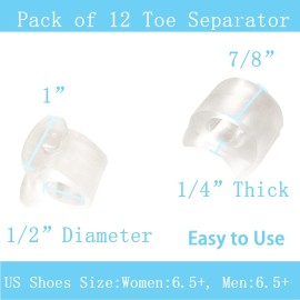 MENOCADY Pack of 12 Gel Toe Separator, (1/4 Thick) Big Toe Spacers, Single Loop Toe Spreader for Bunions, Overlapping Toe, Corrector and Spacer (Clear) MENOCADY Pack of 12 Gel Toe Separator, (1/4 Thick) Big Toe Spacers, Single Loop Toe Spreader for Bunions, Overlapping Toe, Corrector and Spacer (Clear)