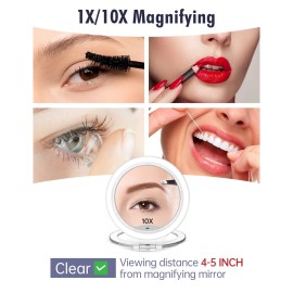 FASCINATE Magnifying Mirror 10X 1X Double Sided Magnification Makeup Vanity Mirror Rechargeable Lighted Mirror with 3 Color Setting Adjustable Rotation LED Vanity Desk Mirror