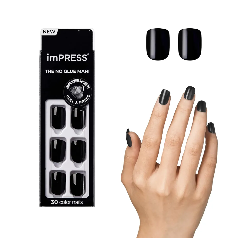KISS imPRESS No Glue Mani Press On Nails, Color, \'All Black\', Black, Short Size, Squoval Shape, Includes 30 Nails, Prep Pad, Instructions Sheet, 1 Manicure Stick, 1 Mini File KISS imPRESS No Glue Mani Press On Nails, Color, \'All Black\', Black, Short Size, Squoval Shape, Includes 30 Nails, Prep Pad, Instructions Sheet, 1 Manicure Stick, 1 Mini File