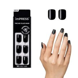KISS imPRESS No Glue Mani Press On Nails, Color, \'All Black\', Black, Short Size, Squoval Shape, Includes 30 Nails, Prep Pad, Instructions Sheet, 1 Manicure Stick, 1 Mini File