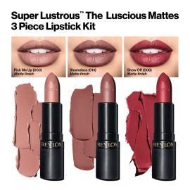Revlon Super Lustrous 3-Piece Lipstick Gift Set, High Impact, Matte Finish, 003 Pick Me Up, 014 Shameless, 008 Show Off, 0.45 Oz Revlon Super Lustrous 3-Piece Lipstick Gift Set, High Impact, Matte Finish, 003 Pick Me Up, 014 Shameless, 008 Show Off, 0.45 Oz