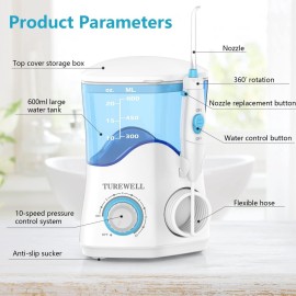 TUREWELL Water Dental Flosser for Teeth/Braces, Water Teeth Cleaner 8 Jet Tips and 10 Pressure Levels, 600ML Large Water Tank Oral Irrigator for Family(White) TUREWELL Water Dental Flosser for Teeth/Braces, Water Teeth Cleaner 8 Jet Tips and 10 Pressure Levels, 600ML Large Water Tank Oral Irrigator for Family(White)