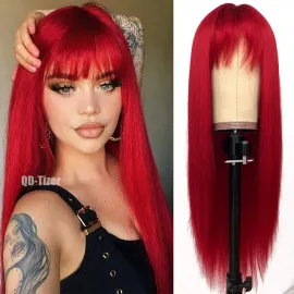 QD-Tizer Red Color Long Silky Straight Wigs with Bangs Synthetic No Lace Wig for Fashion Women Heat Resistant Natural Looking Hair Wig for Party Cosplay QD-Tizer Red Color Long Silky Straight Wigs with Bangs Synthetic No Lace Wig for Fashion Women Heat Resistant Natural Looking Hair Wig for Party Cosplay