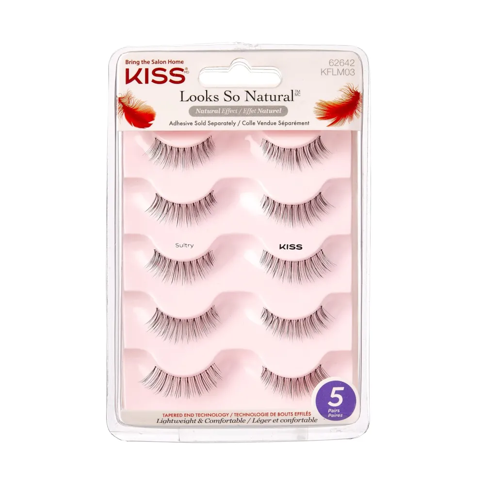 KISS Looks So Natural, False Eyelashes, \'Sultry\', 12 mm, Includes 5 Pairs Of Lashes, Contact Lens Friendly, Easy to Apply, Reusable Strip Lashes, Glue-On KISS Looks So Natural, False Eyelashes, \'Sultry\', 12 mm, Includes 5 Pairs Of Lashes, Contact Lens Friendly, Easy to Apply, Reusable Strip Lashes, Glue-On