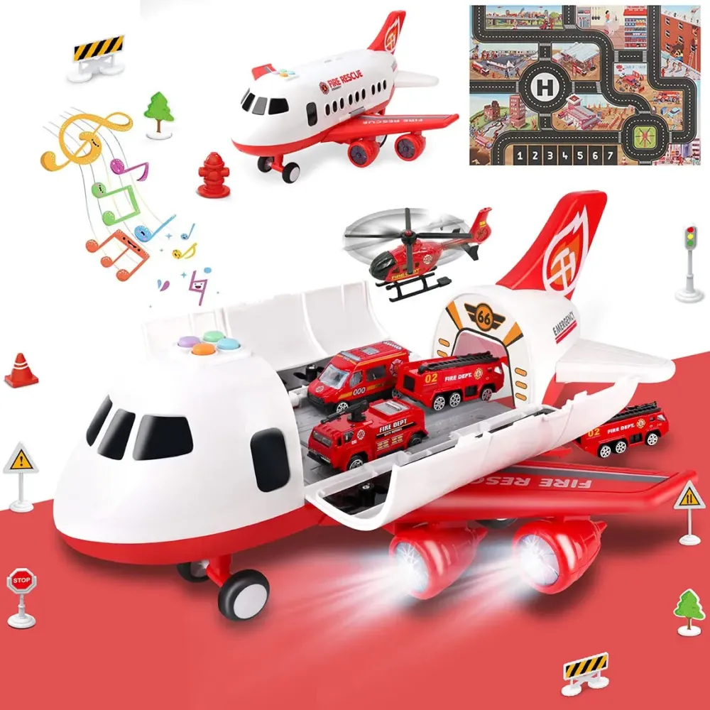 Dwi Dowellin Airplane Toy with Fire Truck Cars and Play Mat,Plane with Lights and Sounds for 3 + Years Old Boys and Girls Dwi Dowellin Airplane Toy with Fire Truck Cars and Play Mat,Plane with Lights and Sounds for 3 + Years Old Boys and Girls