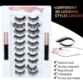 BILEYCHA Upgrade 3D Natural Magnetic Eyelashes,Lightweight Magnetic Eyeliner and Eyelashes Kit, 2 Magnetic Eyeliners- No Glue Needed (10 Pairs)
