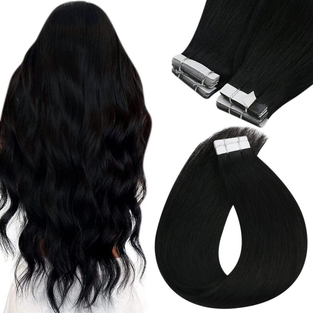 Sunny Hair Tape in Hair Extensions Real Human Hair Invisible Remy Hair Extensions Tape ins for Women Jet Black 22 inch 20Pcs 50G Sunny Hair Tape in Hair Extensions Real Human Hair Invisible Remy Hair Extensions Tape ins for Women Jet Black 22 inch 20Pcs 50G