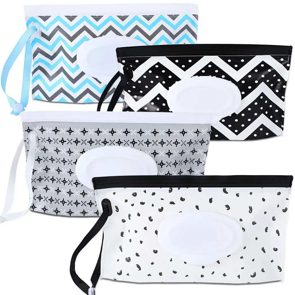 FEBSNOW 4 Pack Baby Wipe Dispenser, Portable Refillable Wipe Holder, Baby Wipes Container, Wipe Dispenser, Reusable Travel Wet Wipe Pouch (Geometric) FEBSNOW 4 Pack Baby Wipe Dispenser, Portable Refillable Wipe Holder, Baby Wipes Container, Wipe Dispenser, Reusable Travel Wet Wipe Pouch (Geometric)