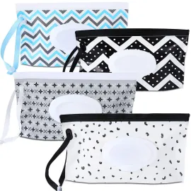 FEBSNOW 4 Pack Baby Wipe Dispenser, Portable Refillable Wipe Holder, Baby Wipes Container, Wipe Dispenser, Reusable Travel Wet Wipe Pouch (Geometric)
