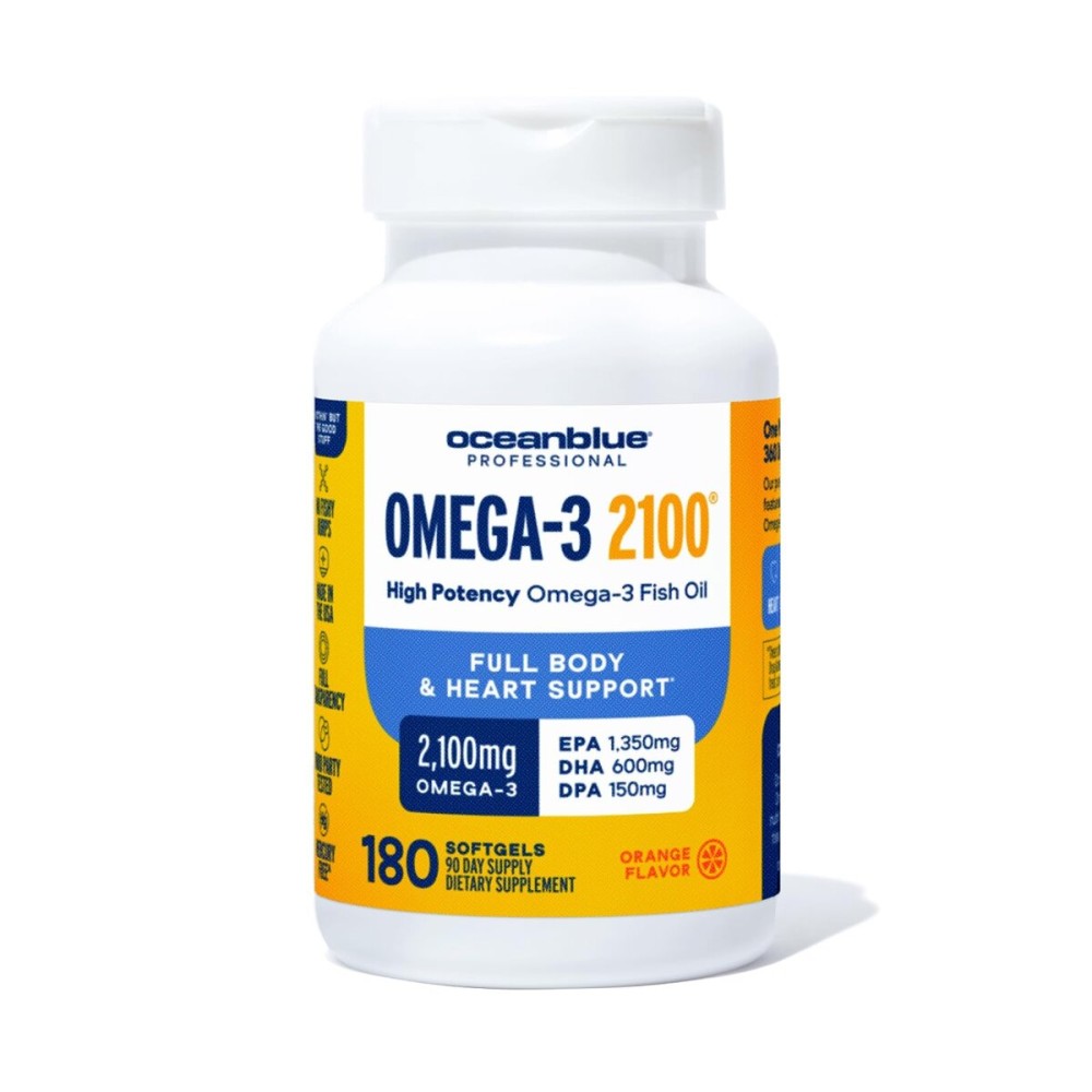 Oceanblue Professional Omega-3 2100 - 180 ct - Triple Strength Burpless Fish Oil Supplement with High-Potency EPA, DHA, DPA - Wild-Caught - Orange Flavor (90 Servings) Oceanblue Professional Omega-3 2100 - 180 ct - Triple Strength Burpless Fish Oil Supplement with High-Potency EPA, DHA, DPA - Wild-Caught - Orange Flavor (90 Servings)