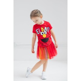 Sesame Street Elmo Toddler Girls Graphic T-Shirt Mesh Skirt and Scrunchie 3 Piece Outfit Set Red/Rainbow 2T
