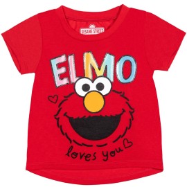 Sesame Street Elmo Toddler Girls Graphic T-Shirt Mesh Skirt and Scrunchie 3 Piece Outfit Set Red/Rainbow 2T