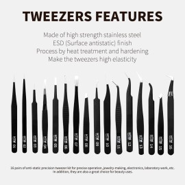 16 Pcs Sharp Precision Tweezers Set,Including 16 Types Of Anti-Static Stainless Steel Esd Medical Tweezers for Craft,Jewelry,Electronics Soldering,Laboratory Work,And Used for Beauty Etc 16 Pcs Sharp Precision Tweezers Set,Including 16 Types Of Anti-Static Stainless Steel Esd Medical Tweezers for Craft,Jewelry,Electronics Soldering,Laboratory Work,And Used for Beauty Etc