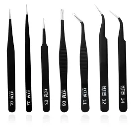 HengTianMei 7Pcs Precision Micro Tweezers Set, Anti-Static Stainless Steel, 3 Sharp Pointed Tweezers, 2 Curved Tweezer, 2 Serrated Tweezer for Eyelash Extensions, Craft, Jewelry, Soldering,Electronics